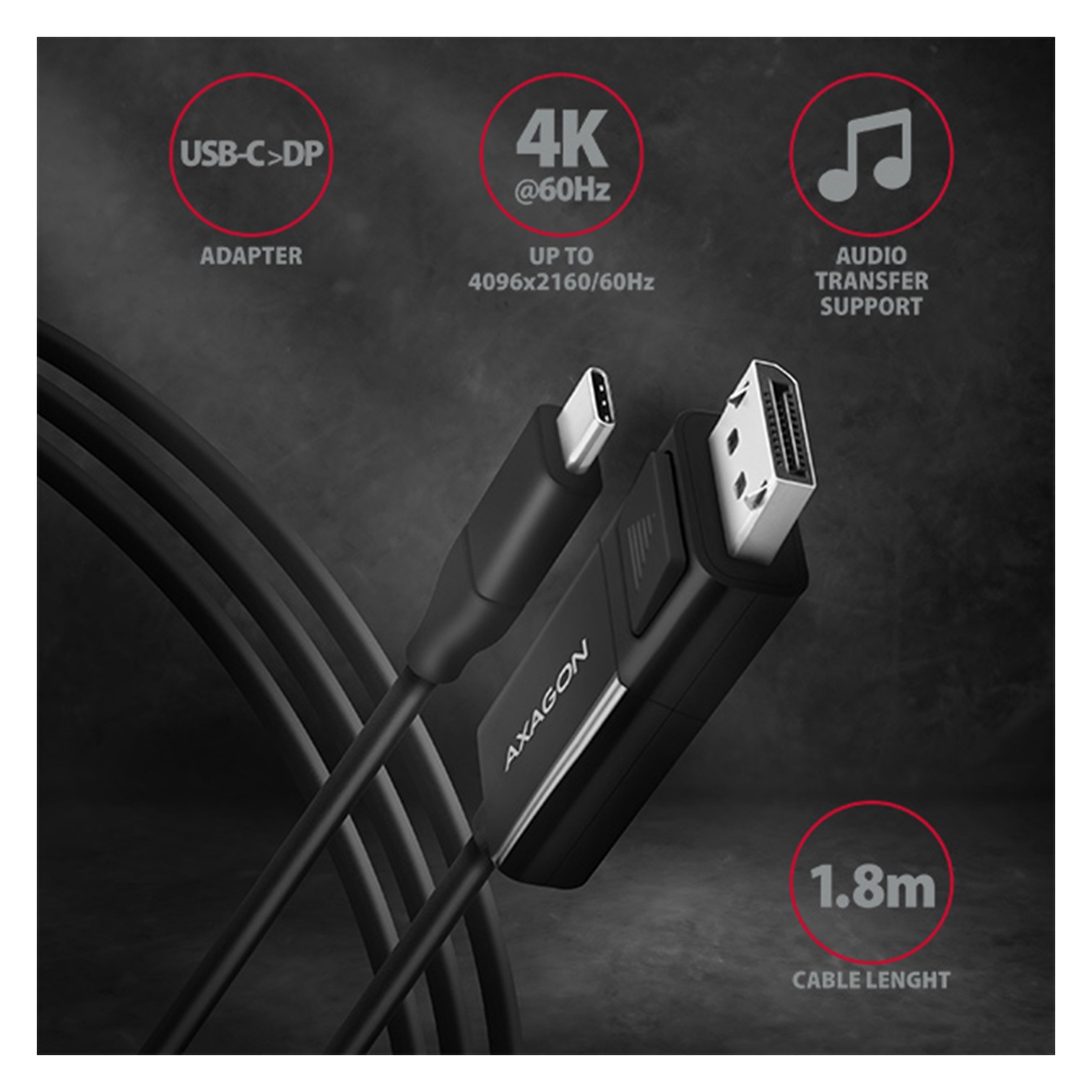 CC USB CM -> DisplayPort cable 1.8m 4K/60Hz, AXA