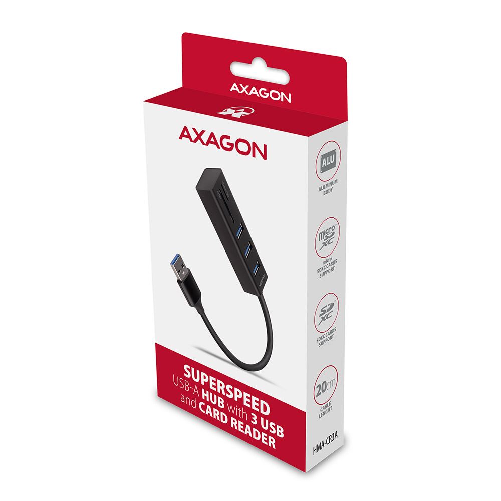 USB HUB 3x USB-A + SD/microSD, 20cm, HMA-CR3A, AXA