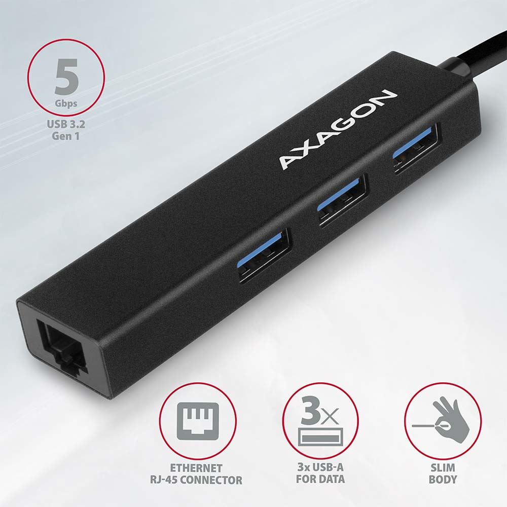 USB HUB USB-3.2 --> 3xUSB-3.2 + Gigabit LAN, 20cm, AXAGON