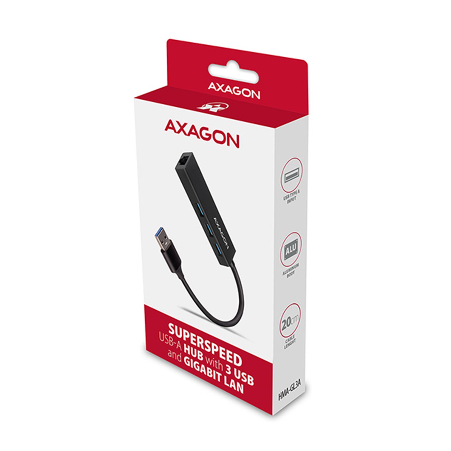 USB HUB USB-3.2 --> 3xUSB-3.2 + Gigabit LAN, 20cm, AXAGON