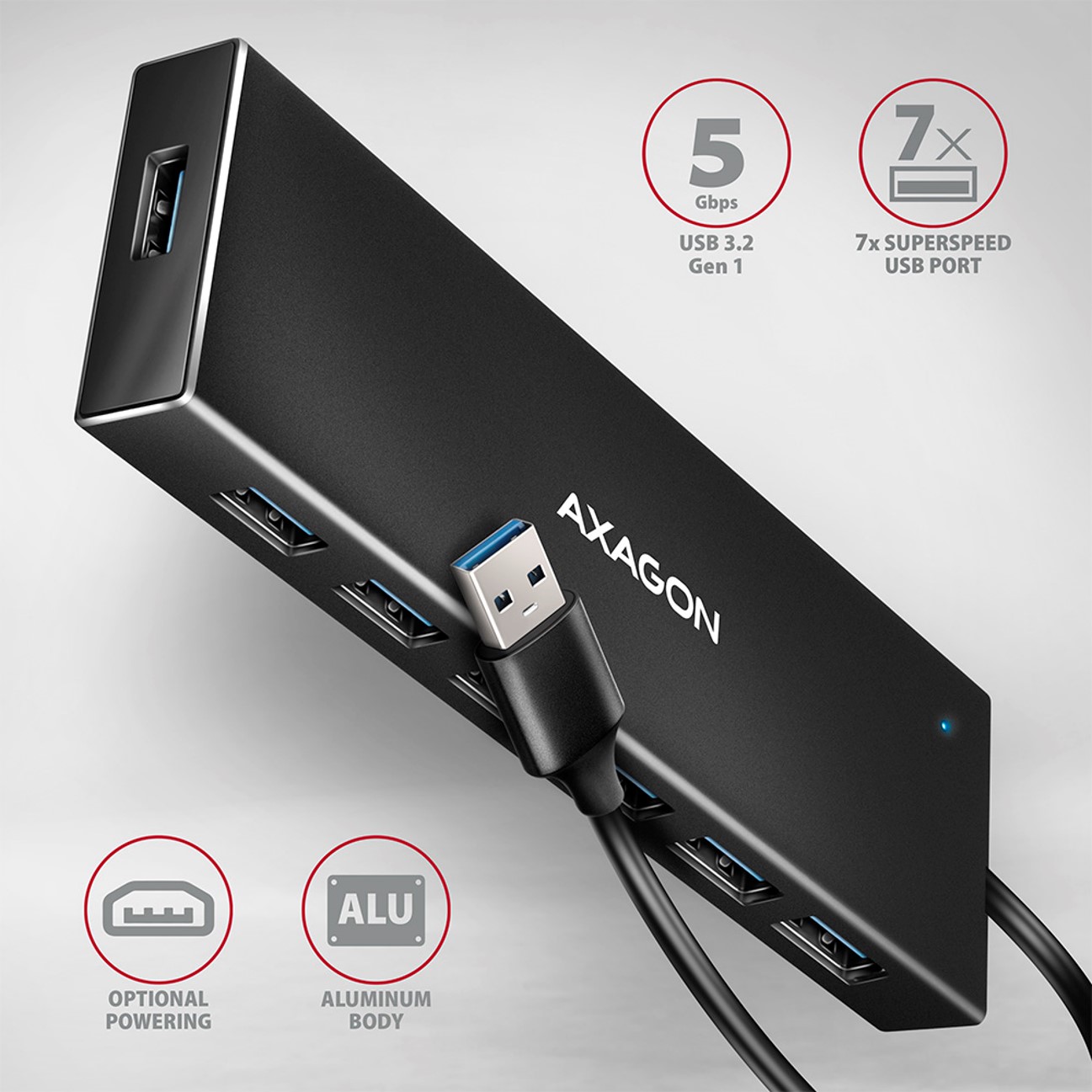 USB HUB 7xUSB3.2, USB, 1 m, Black HUE-F7A, AXA